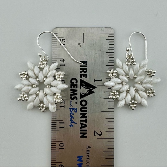 Sterling Silver and White Snowflake Earrings, Beaded White Snowflake Earrings - Picture 5 of 6